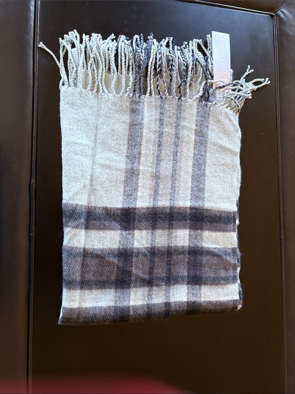 Classic Light Gray & Navy Plaid Fringe Scarf